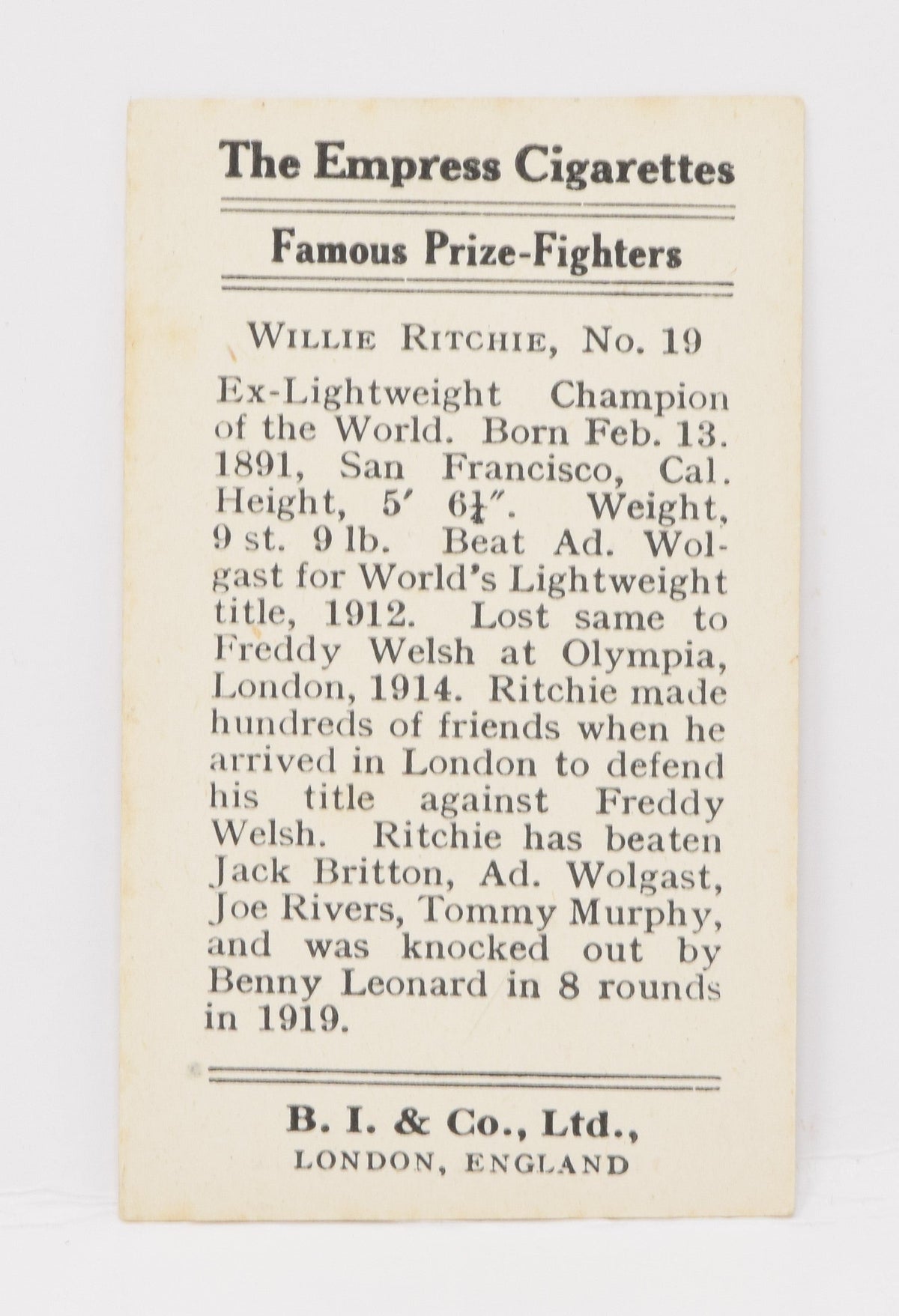 Willie Ritchie #19 Empress Burstein Isaacs Famous Prize Fighters Boxing Boxer Card 1923