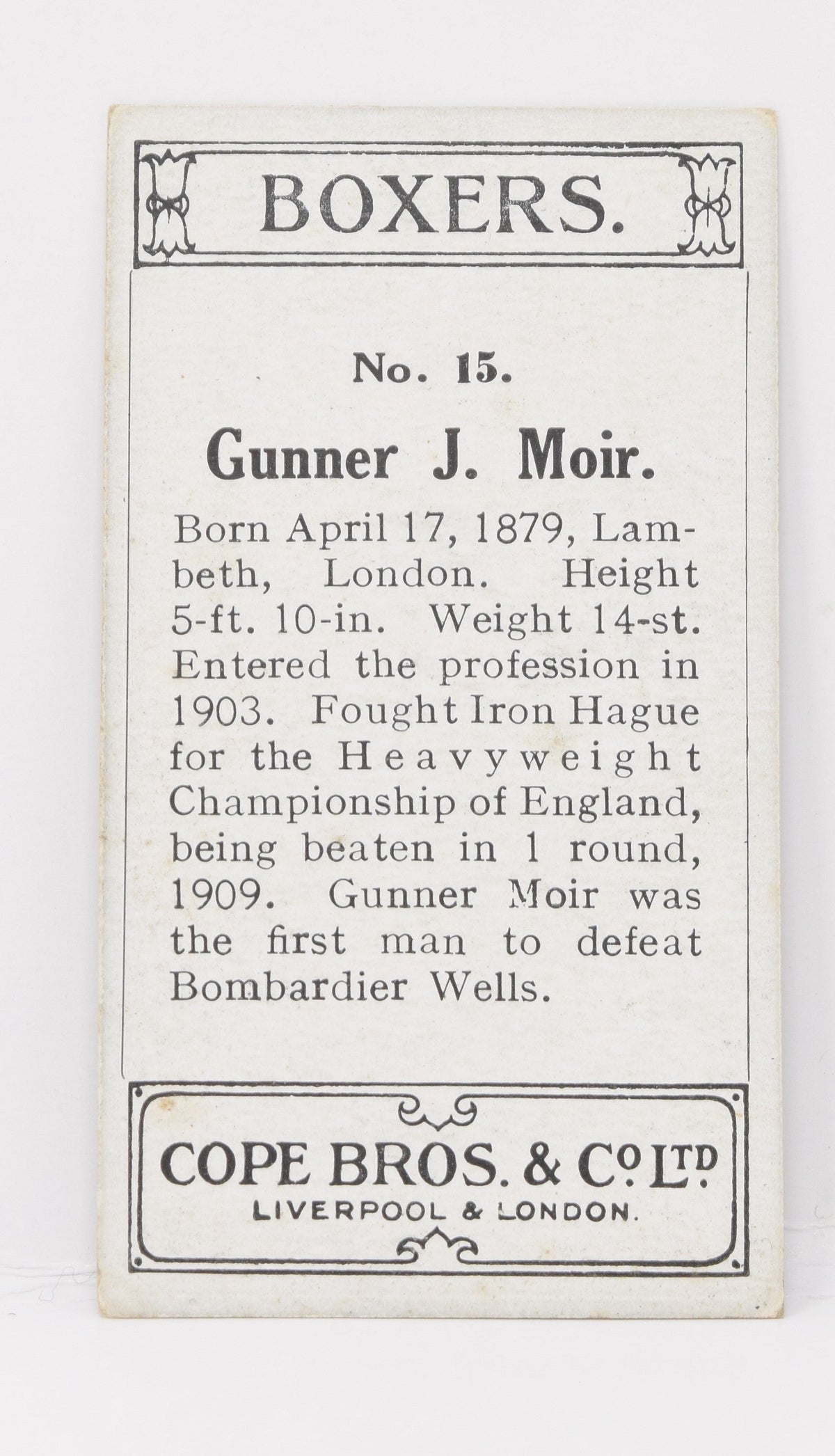 Gunner Moir #15 Cope Bros Co Boxer Boxing Trading Card 1915