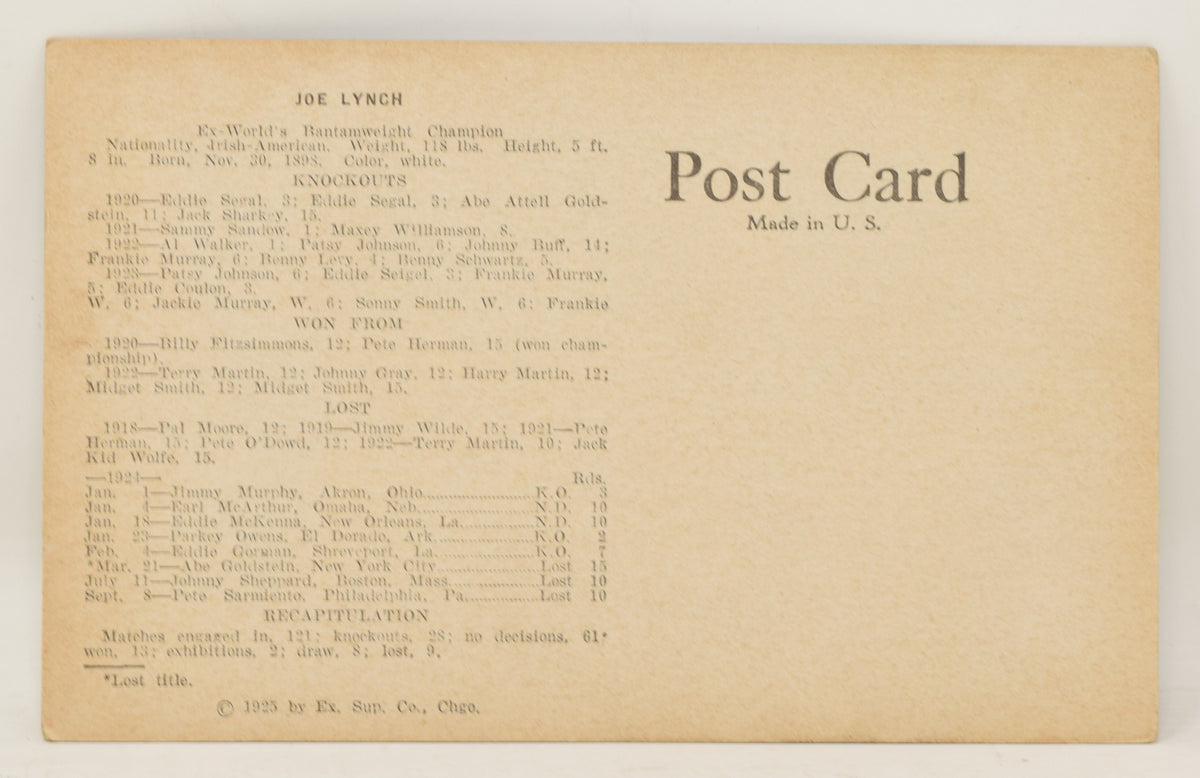 Joe Lynch Boxing Exhibit Card Postcard Penny Arcade Photo 1928 5 x 3