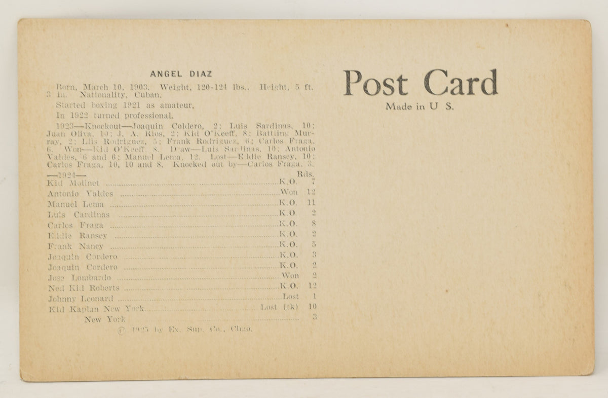 Angel Diaz Boxing Exhibit Card Postcard Penny Arcade Photo 1925 5 x 3