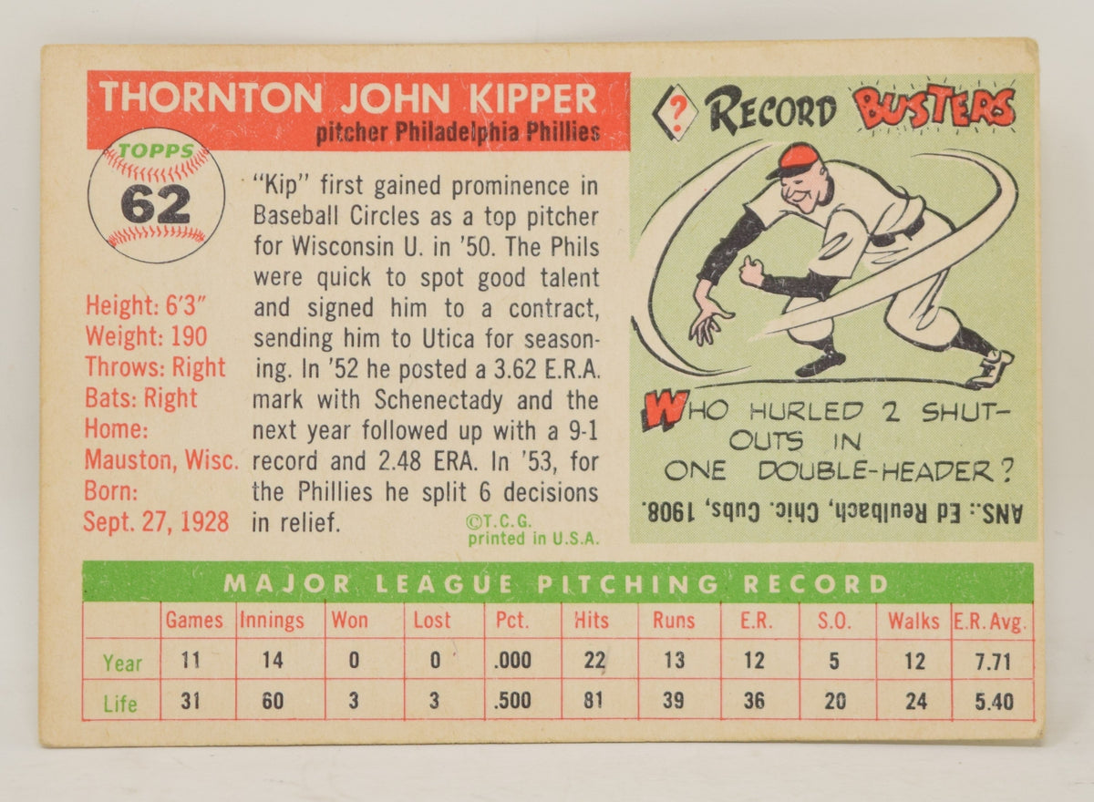 Thornton Kipper Baseball Card Topps 1955 Philadelphia Phillies 62