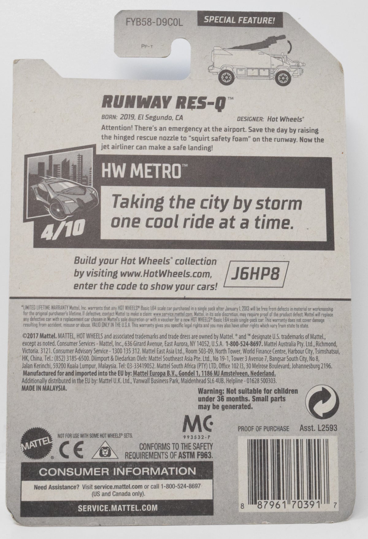 Hot Wheels Runway Res-Q HW Metro DieCast Car Airport Fire Rescue 4/10 206 New