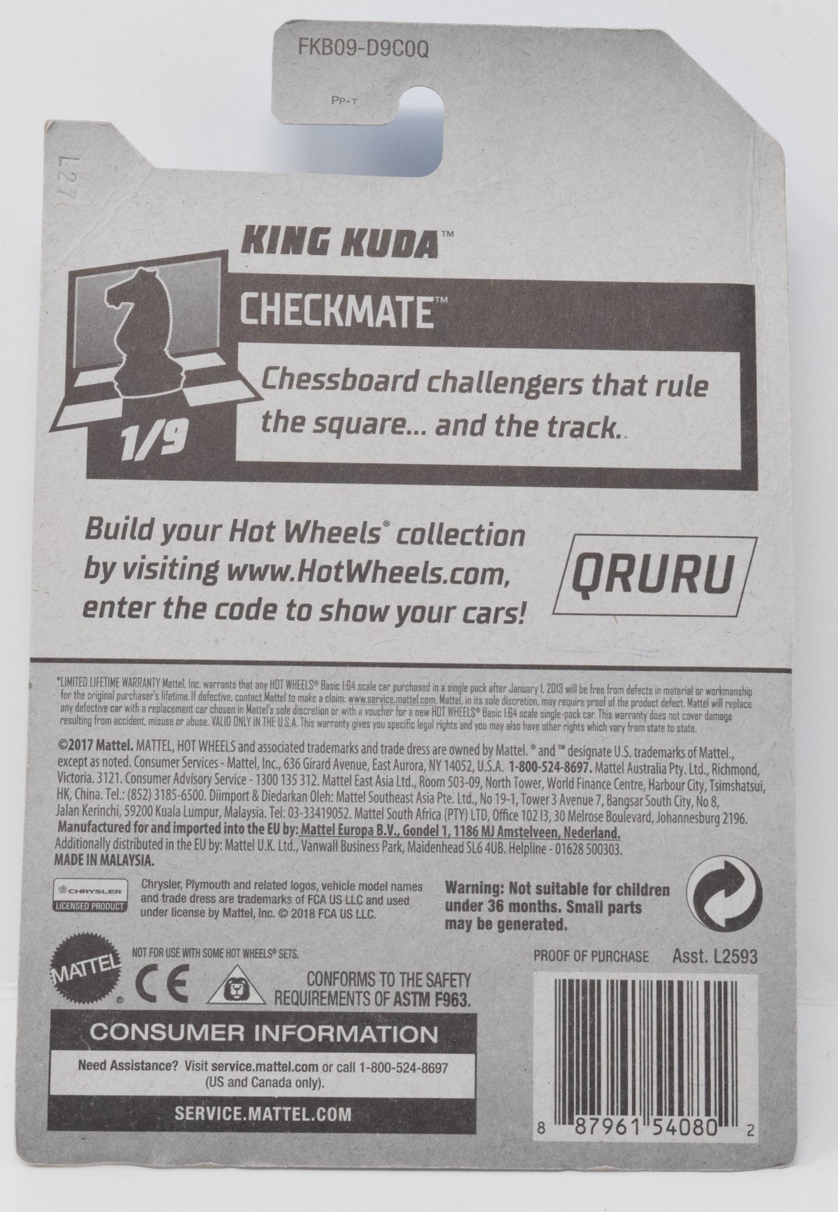 Hot Wheels King Kuda White CheckMate DieCast Car 1/9 362 New