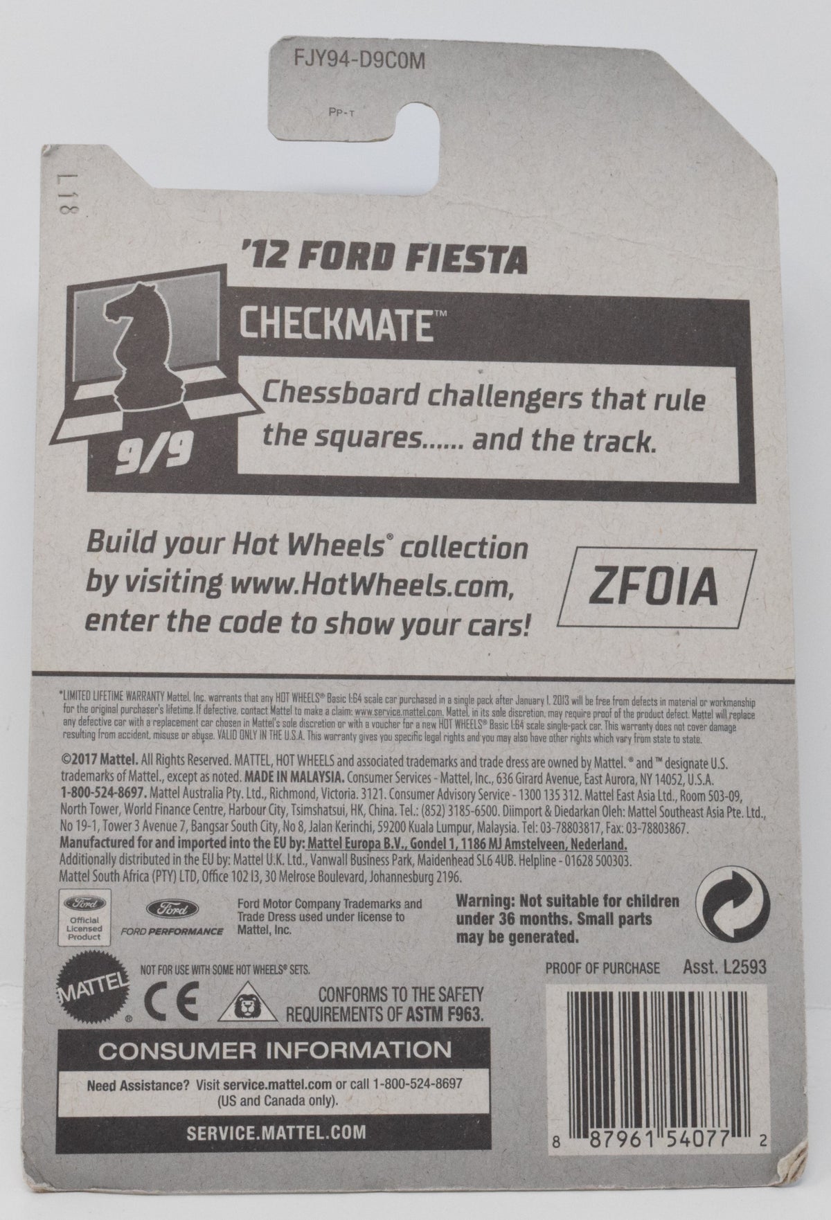 Hot Wheels 12 Ford Fiesta Pawn Checkmate 9/9 263 Diecast Car New