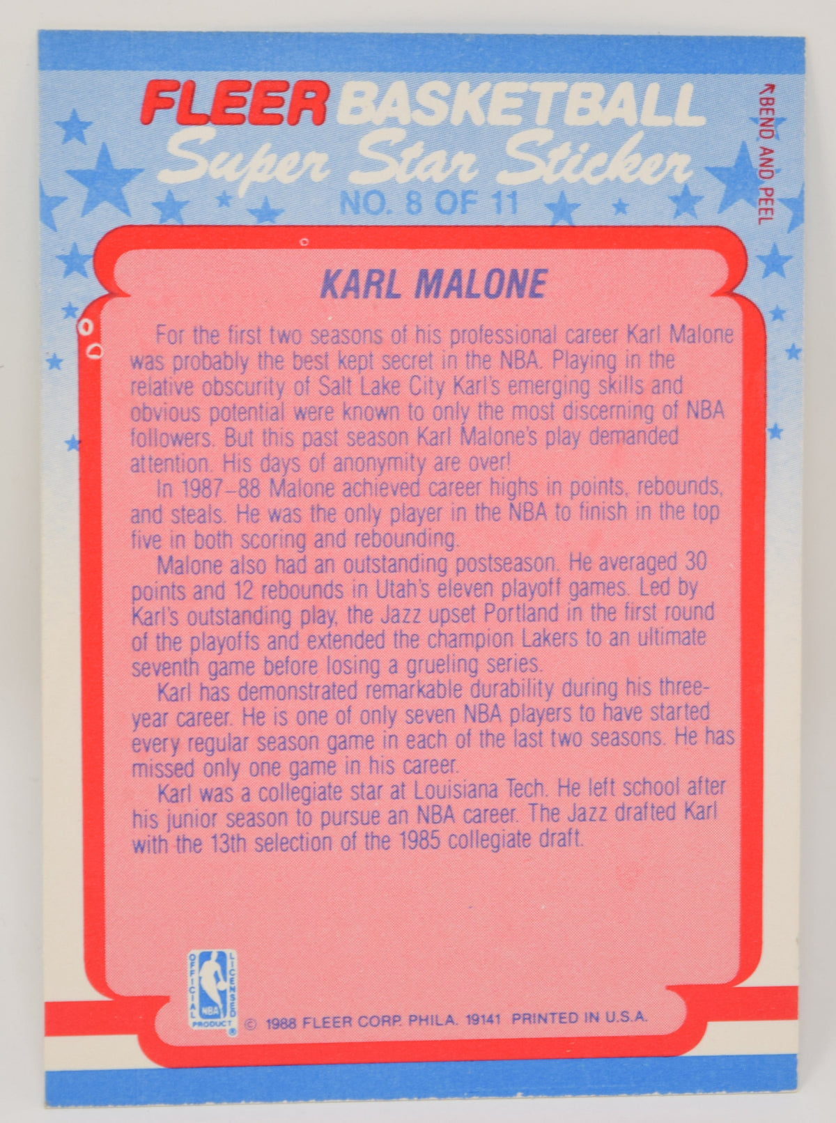 Karl Malone Fleer Super Star Sticker 1988-89 Basketball HOF Card 8