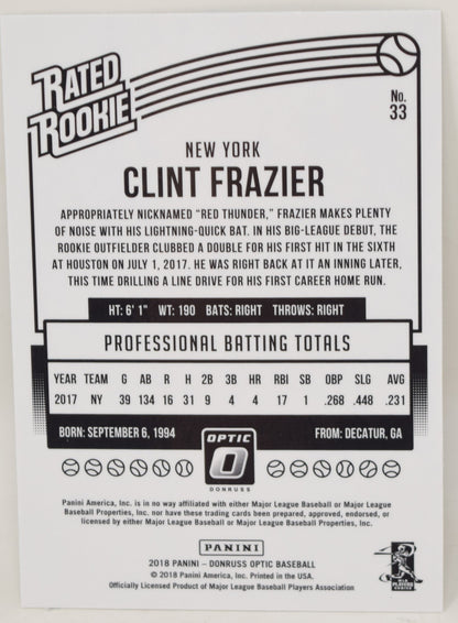 Clint Frazier Donruss Optic 2018 Baseball Card Rookie RC 33 NM