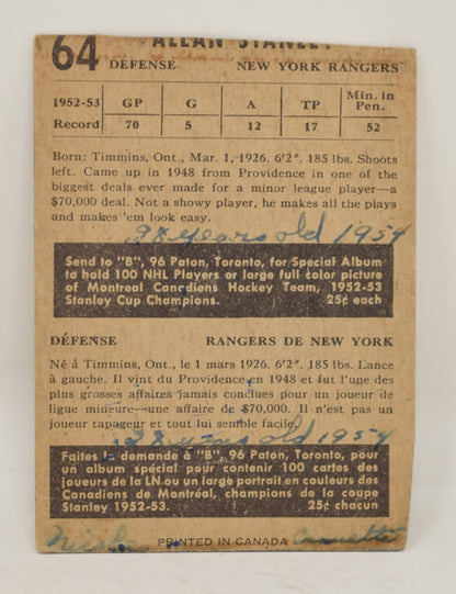 Allan Stanley Hockey Card Parkhurst 1953 1954 New York Rangers 64