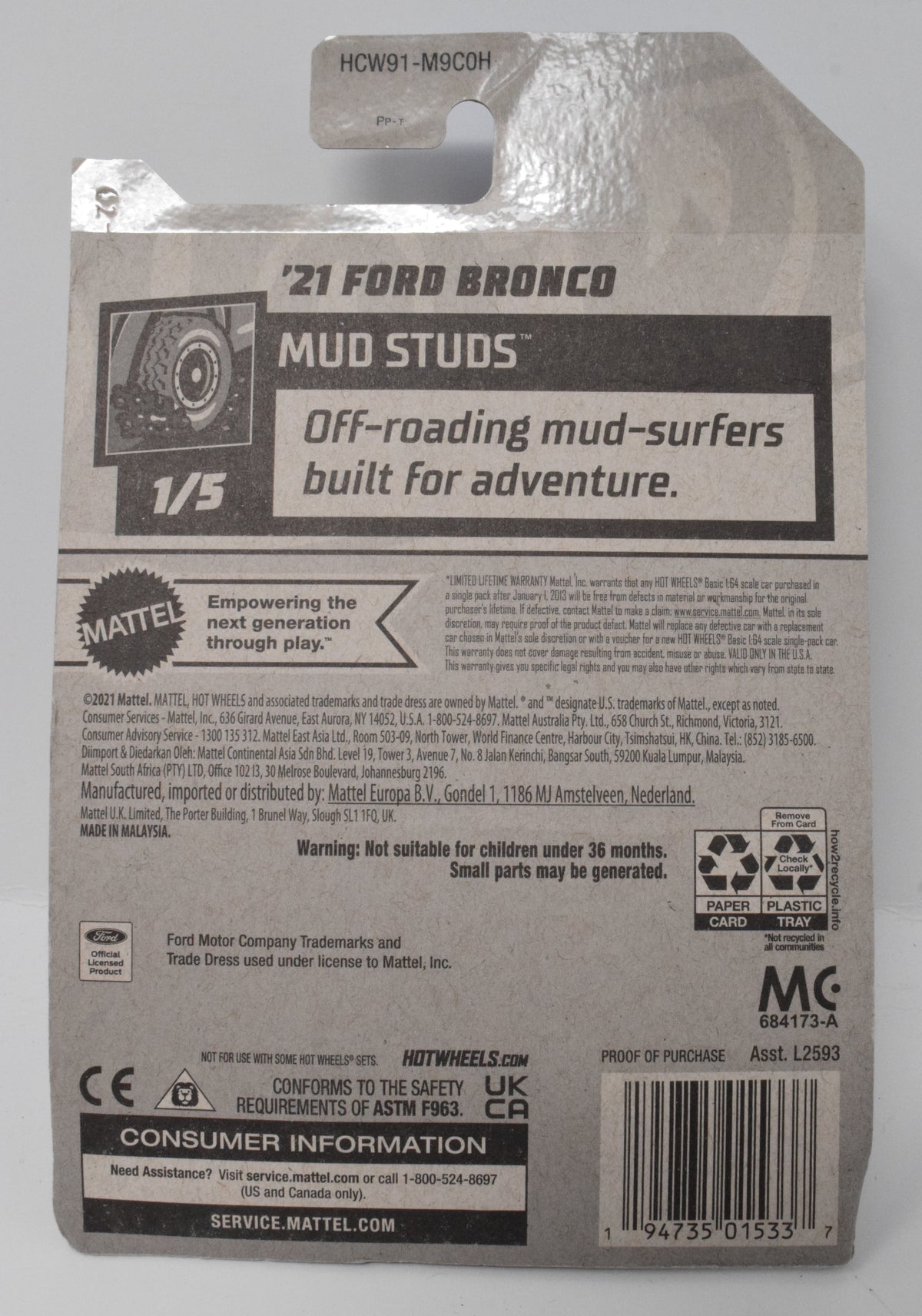 Hot Wheels 21 Ford Bronco Mud Studs Red 1/5 68 DieCast Car New