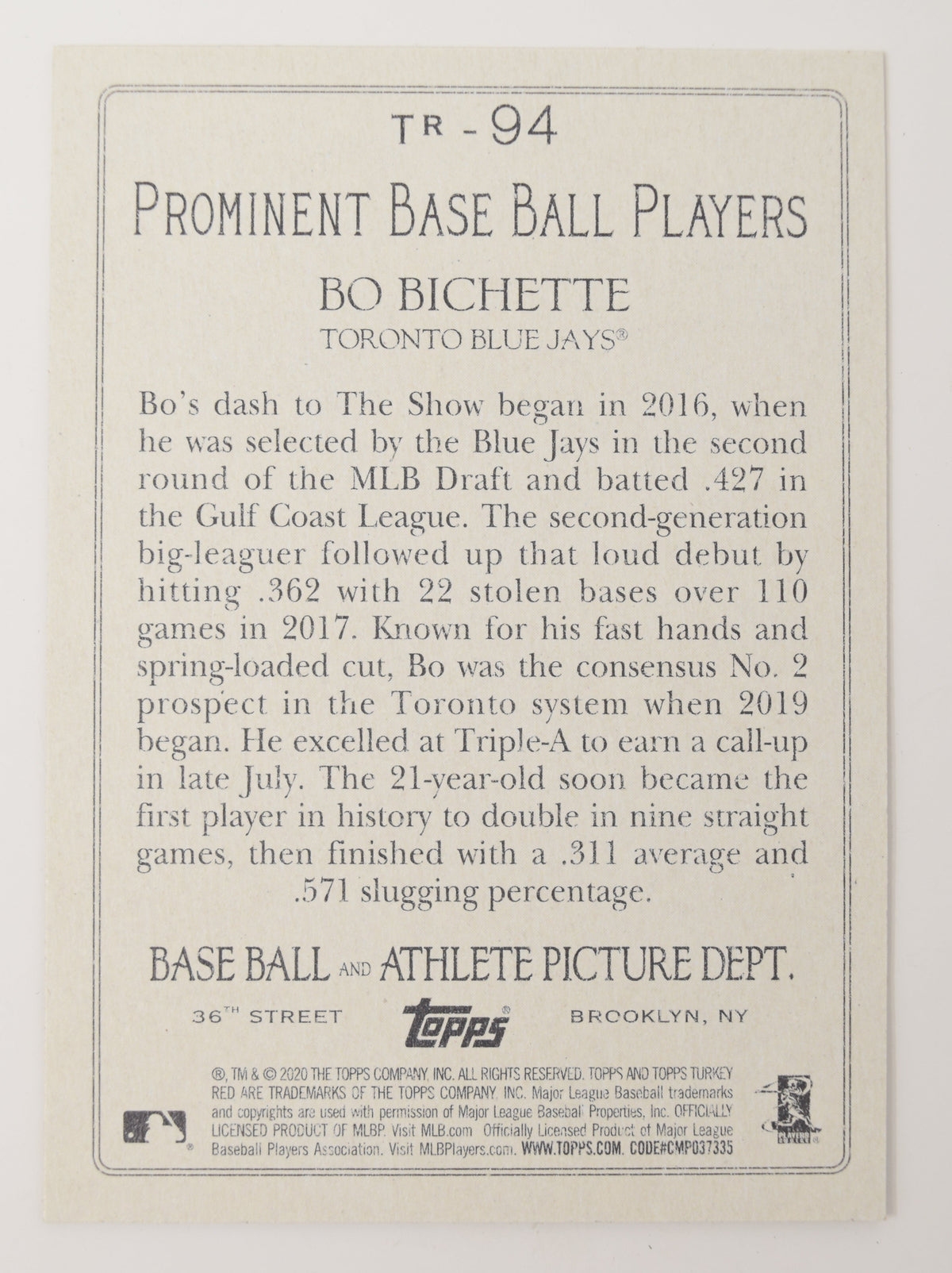Bo Bichette Topps 2020 Baseball Turkey Red RC Rookie Blue Jays Card TR-94