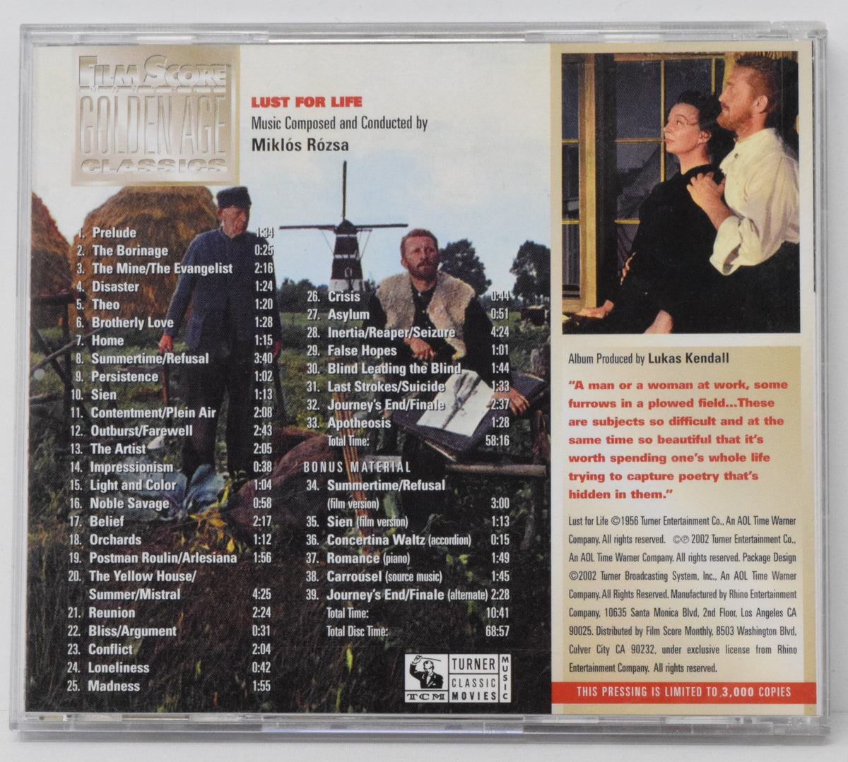 Lust For Life Soundtrack CD Miklos Rozsa Film Score Golden Age LTD 3000