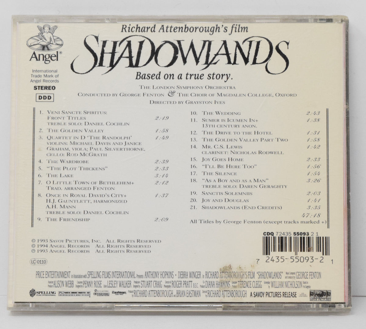 Shadowlands Soundtrack CD George Fenton Richard Attenborough Angel