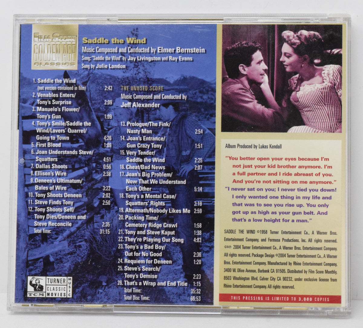 Saddle The Wind Soundtrack CD Elmer Bernstein TCM Golden Age LTD 3000