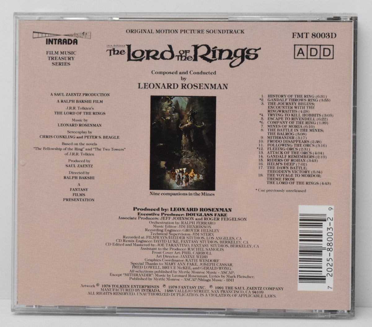The Lord Of The Rings Soundtrack CD Leonard Rosenman Intrada FMT 1978